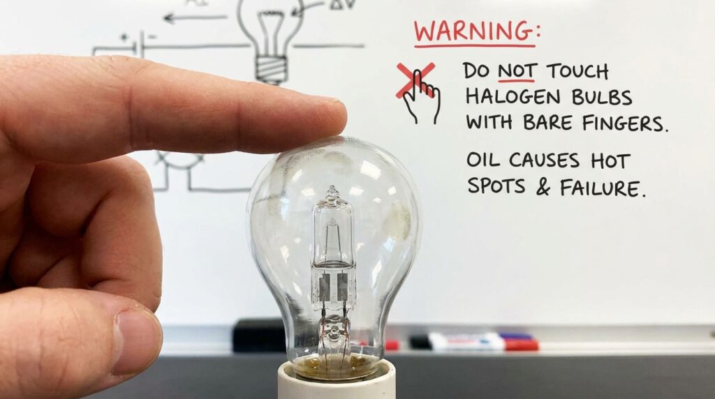 Touching halogen bulb glass warning